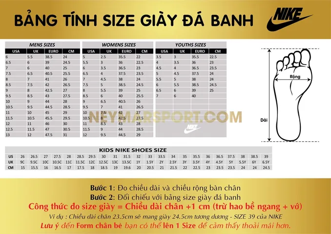 Bảng Quy Đổi Size Giày Bóng Đá Nike Chuẩn Xác & Hướng Dẫn Chọn Đúng