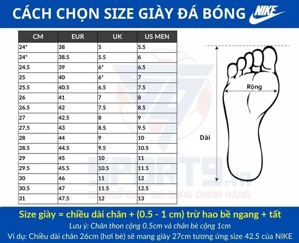Bảng Quy Đổi Size Giày Bóng Đá Nike Chuẩn Xác & Hướng Dẫn Chọn Đúng